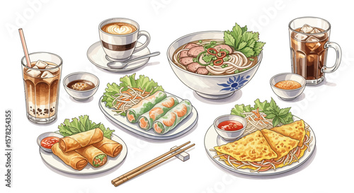 Watercolor Vietnamese Cuisine: Pho Spring Rolls Banh Xeo Coffee and Egg Rolls.