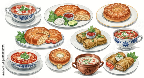 Watercolor Illustration of Various Traditional Eastern European Dishes.
