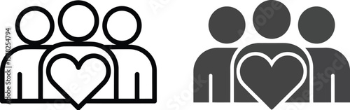 Two variations of a group of people icon with a heart in the middle on a white background