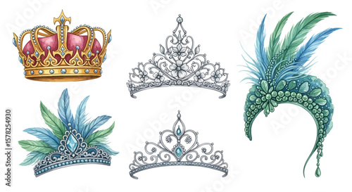 Watercolor Illustration of Golden Crown Silver Tiaras and Feathered Headdress.