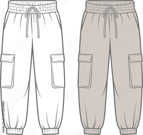 cargo jogger pants front view, cad drawing flat vector illustration, fashion technical sketch, casual elastic waist pants, side pocket joggers, unisex clothing design