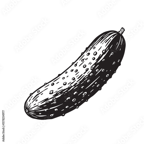 Black and white illustration of a bumpy cucumber vegetable food