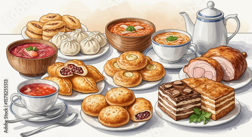Watercolor Illustration of Diverse Eastern European Cuisine.