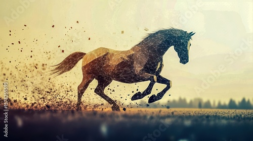 geometric horse galloping across digital pixel field
