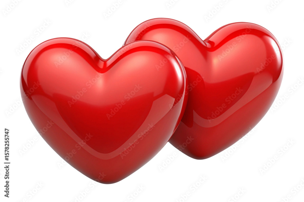 Fototapeta premium Two shiny red hearts close together isolated on transparent background