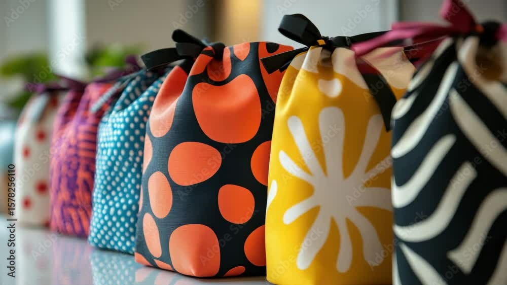 Colorful fabric gift bags with abstract pattern and black ribbon tied in row on reflective surface creating decorative textile display full of vibrant festive charm