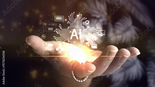 Wearable AI technology concept. A hand with a smart ring presents a glowing holographic interface of an AI chip and its various functions.