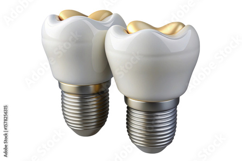 Two realistic dental implants with gold crowns isolated on transparent background