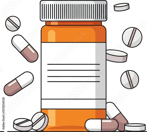 Illustration of a prescription medication bottle with scattered pills, representing healthcare and medicine.