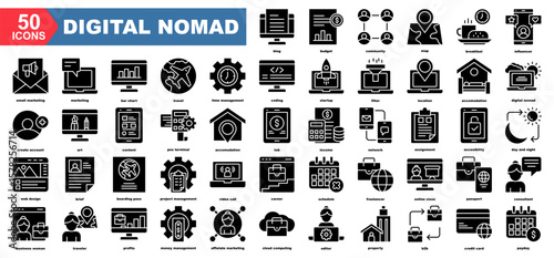 Digital Nomad icon collection set.budget ,community,map,breakfast,influencer,email marketing,marketing.Flat icon collection.