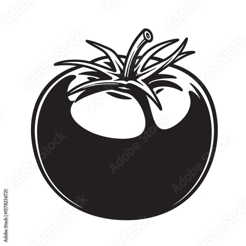 Black and white stylized tomato with stem and leaves fruit vegetable