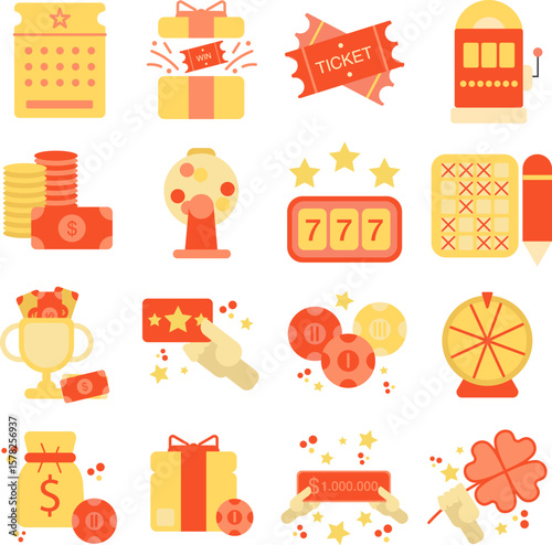 Lottery illustration set. Includes of jackpot, ticket, draw, win, number, and More. Vector flat color collection