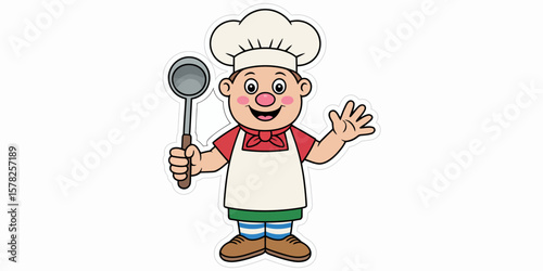 Happy Chef Preparing Culinary Delights: A cheerful cartoon chef with a friendly smile and a soup ladle is ready to start preparing delicious dishes. The image evokes a sense of warmth, inviting food