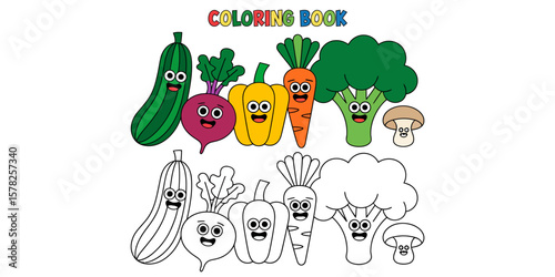 Colorful and Engaging Vegetables: A whimsical illustration of various vegetables, some colored and some as line drawings, offering a playful and educational coloring experience.
