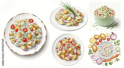 Watercolor Illustration of Diverse Potato Salad Dishes.
