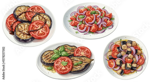 Watercolor plates of eggplant and tomato salads with red onion and basil.
