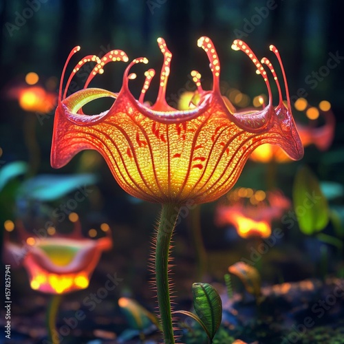 Giant carnivorous flowers with bioluminescent nectar humming with predatory energy