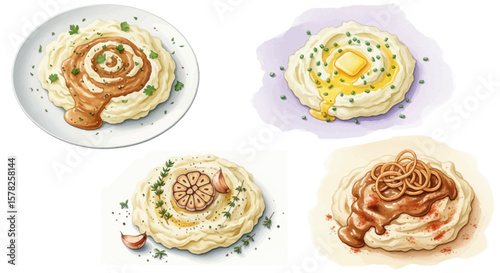 Four Variations of Creamy Mashed Potatoes with Different Toppings.