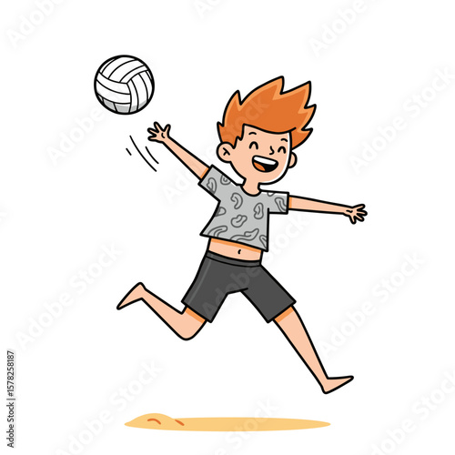 Cartoon child with orange hair jumping to hit volleyball, wearing grey patterned shirt and black shorts on sandy beach with white background.