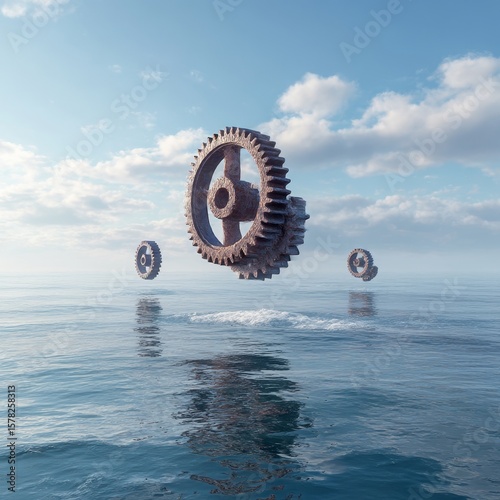 giant floating gears over a calm ocean symbolic of logic over emotion