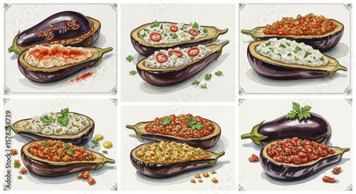 Stuffed Eggplant Halves with Various Toppings Garnished with Herbs and Spices.