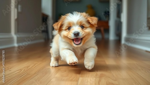 Fluffy puppy tumbling playfully across hardwood floor, happy expression, playful puppy, joy
