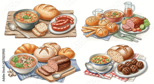 Watercolor Food Illustrations: Soup Bread Sausages and Meatballs on Plates.