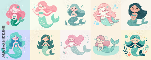 collection of little mermaid cartoon illustration