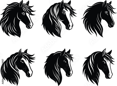 Cob horse vector series - 6 luxuriously maned portrait outlines, EPS JPEG PNG