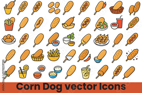 Corn Dog Icons | Colorful Sausage Snack, Fair Food, and Korean Street Food Symbols