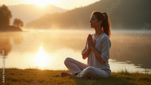 Young woman doing breathing exercises by a calm lake at sunrise, barefoot on grass, hands on chest, serene expression, peaceful nature and wellness scene