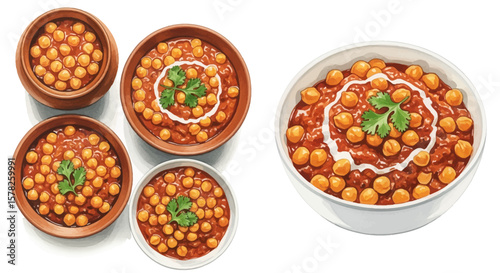 Watercolor Chole Bowls: Chickpea Curry with Cilantro and Cream Swirls.