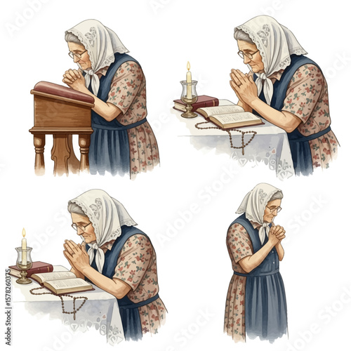 Four Elderly Women in Prayerful Poses Praying at a Table and a Lectern.