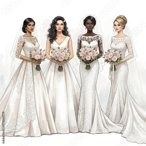 Diverse Bridesmaids: Elegant Gowns Veils and Rose Bouquets in Watercolor Style.