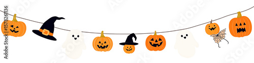 Festive halloween banner with smiling pumpkins, ghosts and witch hats isolated on transparent background