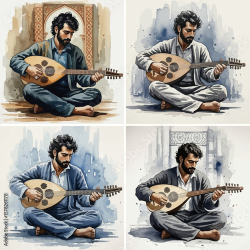 Watercolor Quartet: Bearded Man Serenading with Oud in Varied Hues and Settings.