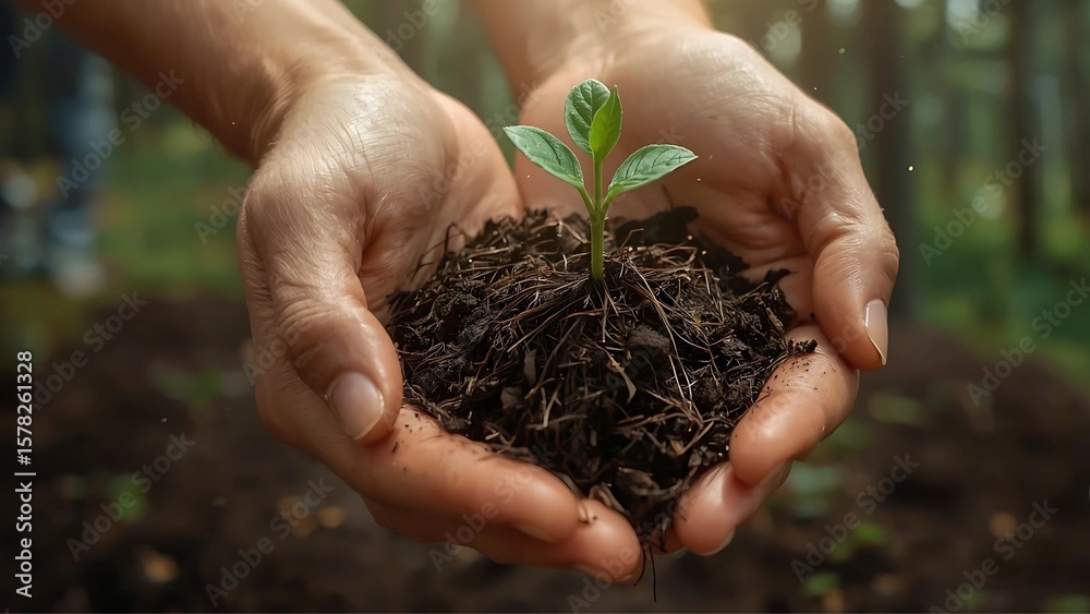 Hands nurturing a seedling symbolizing growth, sustainability, and environmental care for a brighter future. Hands nurturing a seedling symbolizing growth, sustainability, and environmental care for a brighter future.