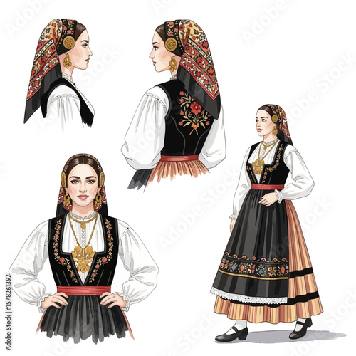 Traditional Spanish Womans Embroidered Costume Detailed Illustration.