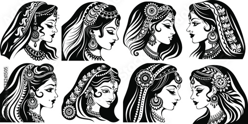 Black and white silhouette portraits of beautiful Indian women