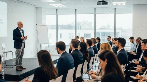 Experienced Business Speaker Addressing Attentive Professionals at a Modern Corporate Conference or Seminar Event