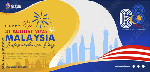68th years Malaysia Independence Day 2025 vector Illustration. design with 68 logo and Kuala Lumpur Skyline  background.  Malaysia Hari Merdeka "Independence Day" 2025 greeting banner template. 
