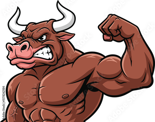 Strong cartoon muscular bull character flexing biceps, angry expression, powerful horned animal mascot, bodybuilding strength illustration, vector graphic logo art