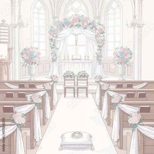 Pastel Floral Wedding Chapel Aisle Decor.