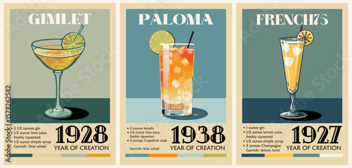 Set of Cocktail retro posters with recipe. Classic Paloma, Gimlet, French75 cocktails digital print. Popular alcohol drinks. Vintage vector illustration, bar, pub, restaurant, kitchen decor