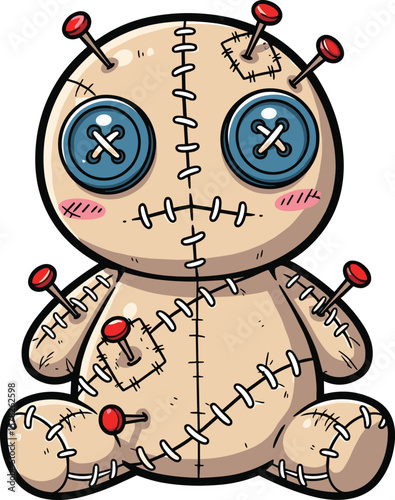 Creepy cartoon voodoo doll with button eyes, stitched fabric, red pins, spooky Halloween decoration illustration, scary stitched plush toy