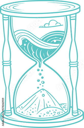 Minimal line art of an hourglass with flowing sand symbolizing time, patience, and transience, perfect for business, mindfulness, deadline, and life balance concept designs and illustrations.