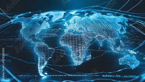 Stylized glowing world map with animated data lines, charts, and real-time metrics. Abstract mesh grid over continents, no people or landmarks