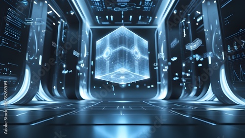 Spinning holographic data cube in the center of a digital analysis chamber. Surrounded by floating numeric metrics, charts, and AI symbols. No human elements