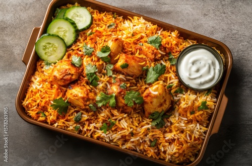 Authentic Indian chicken biryani in a disposable eco-friendly tray