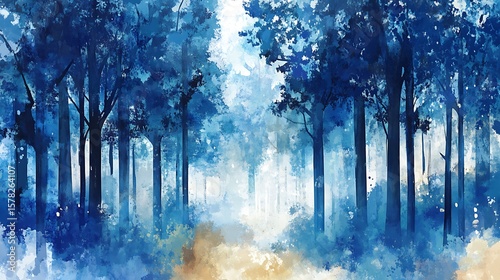 Blue forest path watercolor painting